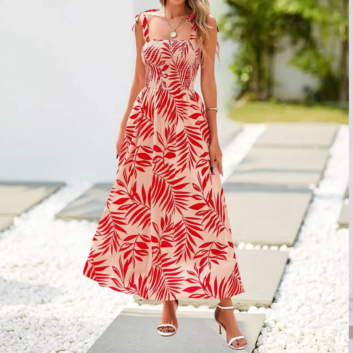 Floral Summer Dresses for Women 2025 Sleeveless Paghetti Strap Smocked Maxi Dress Flowy Beach Sundresses with Pockets