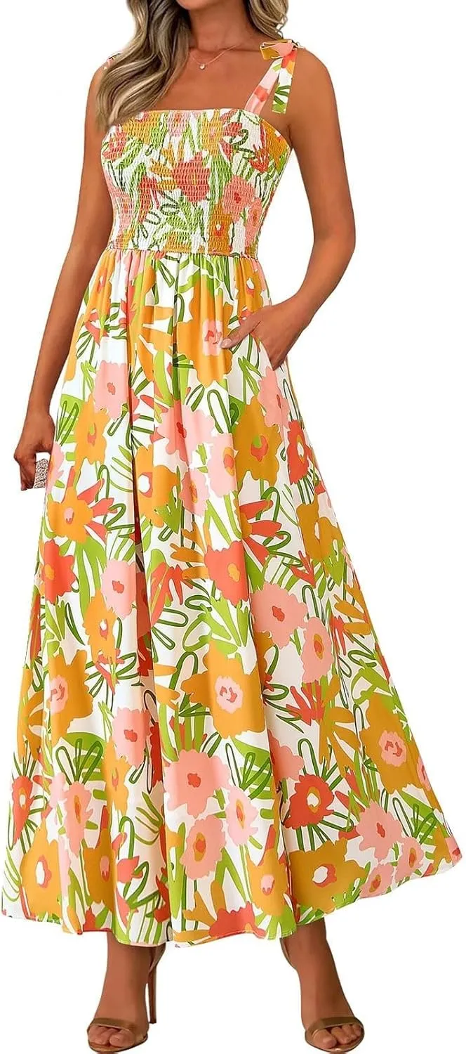 Floral Summer Dresses for Women 2025 Sleeveless Paghetti Strap Smocked Maxi Dress Flowy Beach Sundresses with Pockets
