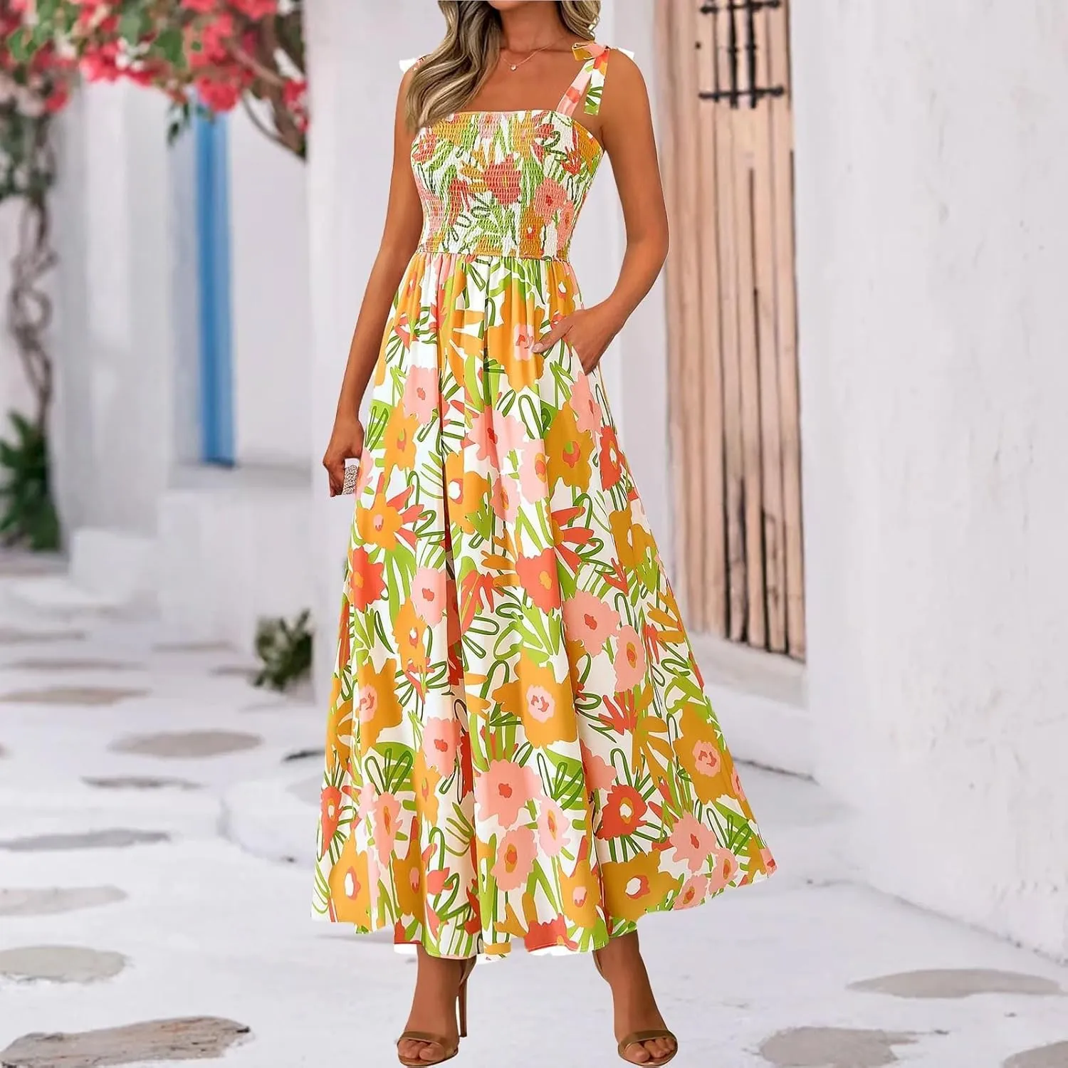 Floral Summer Dresses for Women 2025 Sleeveless Paghetti Strap Smocked Maxi Dress Flowy Beach Sundresses with Pockets