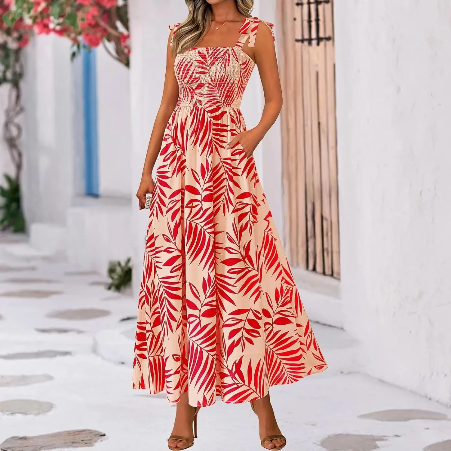 Floral Summer Dresses for Women 2025 Sleeveless Paghetti Strap Smocked Maxi Dress Flowy Beach Sundresses with Pockets