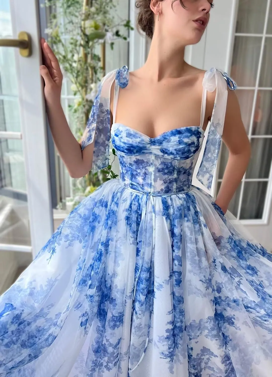 Floral Tulle Prom Dress Tea-Length Corset Formal Party Dresses for Women Prom Gown with Pockets