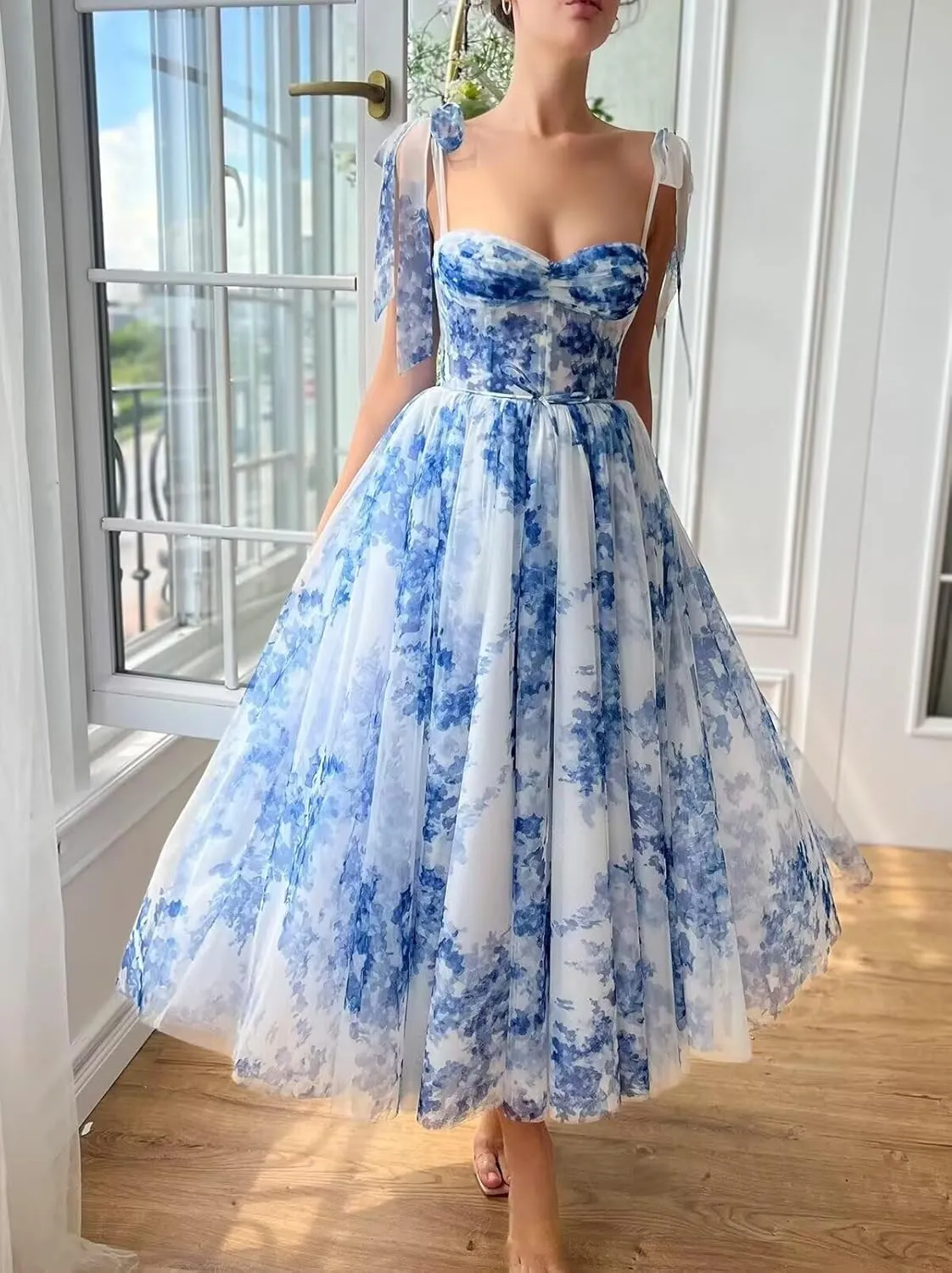 Floral Tulle Prom Dress Tea-Length Corset Formal Party Dresses for Women Prom Gown with Pockets