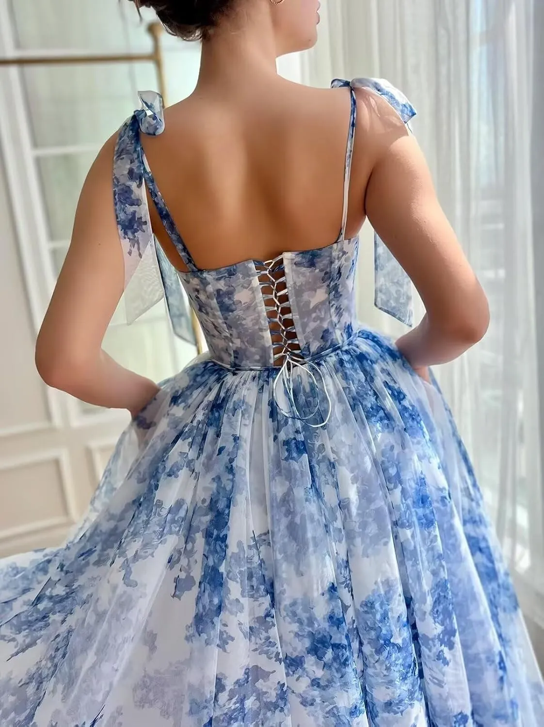 Floral Tulle Prom Dress Tea-Length Corset Formal Party Dresses for Women Prom Gown with Pockets