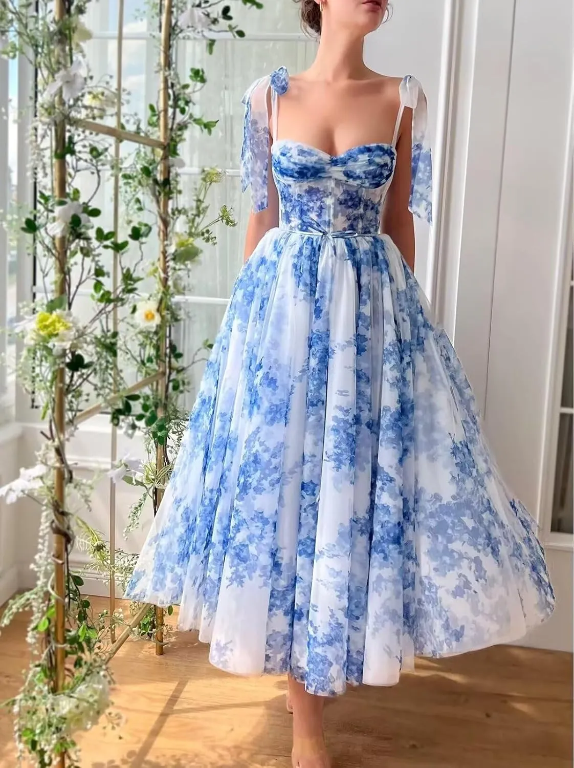 Floral Tulle Prom Dress Tea-Length Corset Formal Party Dresses for Women Prom Gown with Pockets