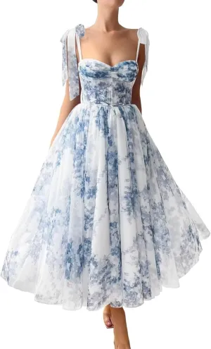Floral Tulle Prom Dress Tea-Length Corset Formal Party Dresses for Women Prom Gown with Pockets