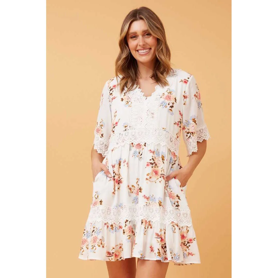 Floral V-Neck Cheesecloth Dress - Multi White