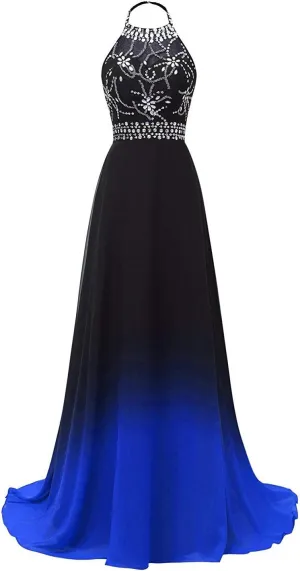 FTBY Womens Ombre Evening Dresses Gradient Chiffon Beaded Long Formal Halter Prom Gowns