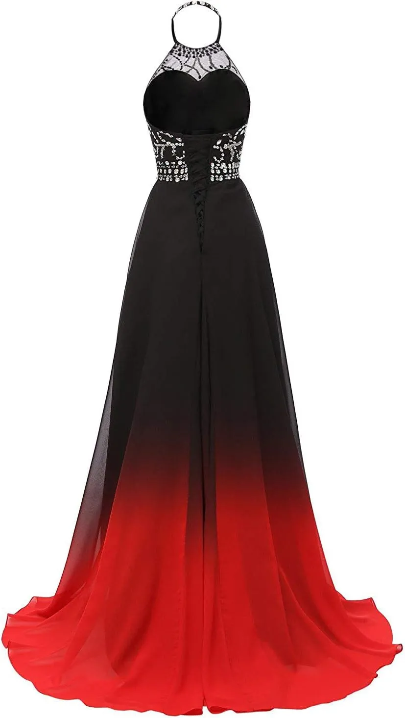 FTBY Womens Ombre Evening Dresses Gradient Chiffon Beaded Long Formal Halter Prom Gowns