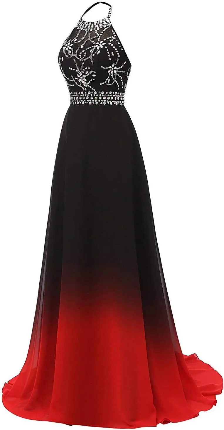 FTBY Womens Ombre Evening Dresses Gradient Chiffon Beaded Long Formal Halter Prom Gowns