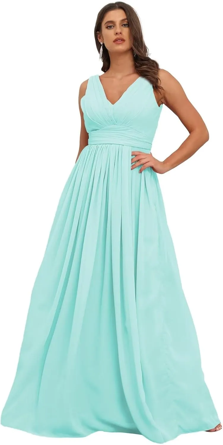 GATMAHE Women's Bridesmaid Dresses Sleeveless Side Slit - V Neck Chiffon Wedding Guest Dress Pleated Ball Gown