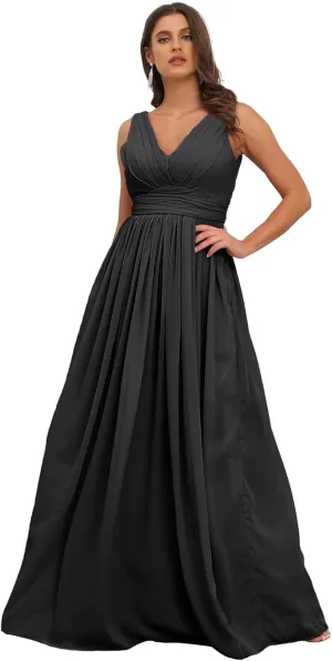 GATMAHE Women's Bridesmaid Dresses Sleeveless Side Slit - V Neck Chiffon Wedding Guest Dress Pleated Ball Gown