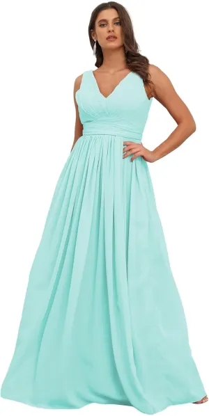 GATMAHE Women's Bridesmaid Dresses Sleeveless Side Slit - V Neck Chiffon Wedding Guest Dress Pleated Ball Gown