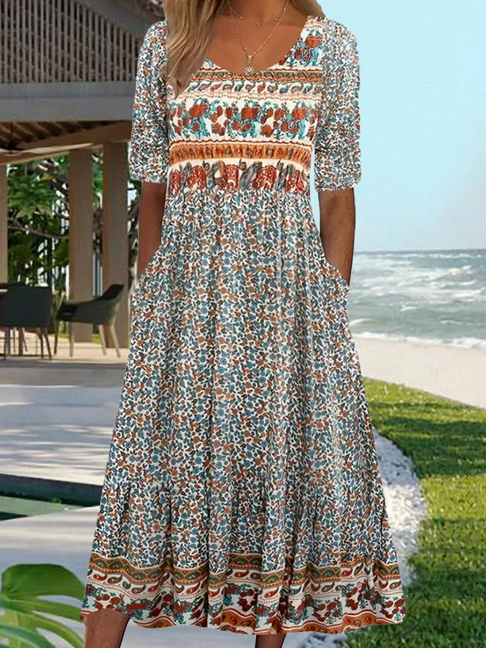 Geleglaer Women's Boho Floral Maxi Dress Summer Casual Crew Neck Short Sleeve Dress Flowy Bohemian Tshirt Dress with Pockets