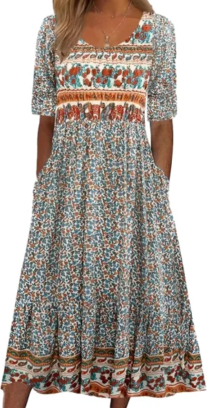 Geleglaer Women's Boho Floral Maxi Dress Summer Casual Crew Neck Short Sleeve Dress Flowy Bohemian Tshirt Dress with Pockets