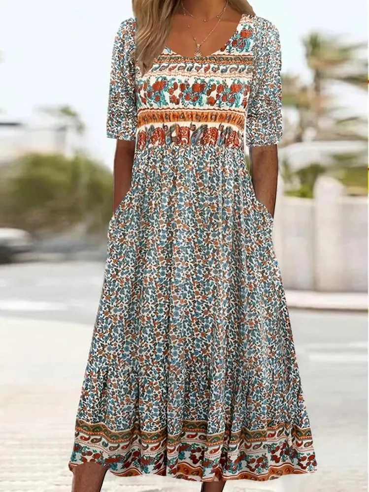 Geleglaer Women's Boho Floral Maxi Dress Summer Casual Crew Neck Short Sleeve Dress Flowy Bohemian Tshirt Dress with Pockets