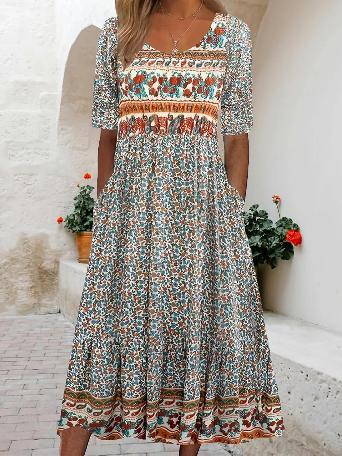Geleglaer Women's Boho Floral Maxi Dress Summer Casual Crew Neck Short Sleeve Dress Flowy Bohemian Tshirt Dress with Pockets