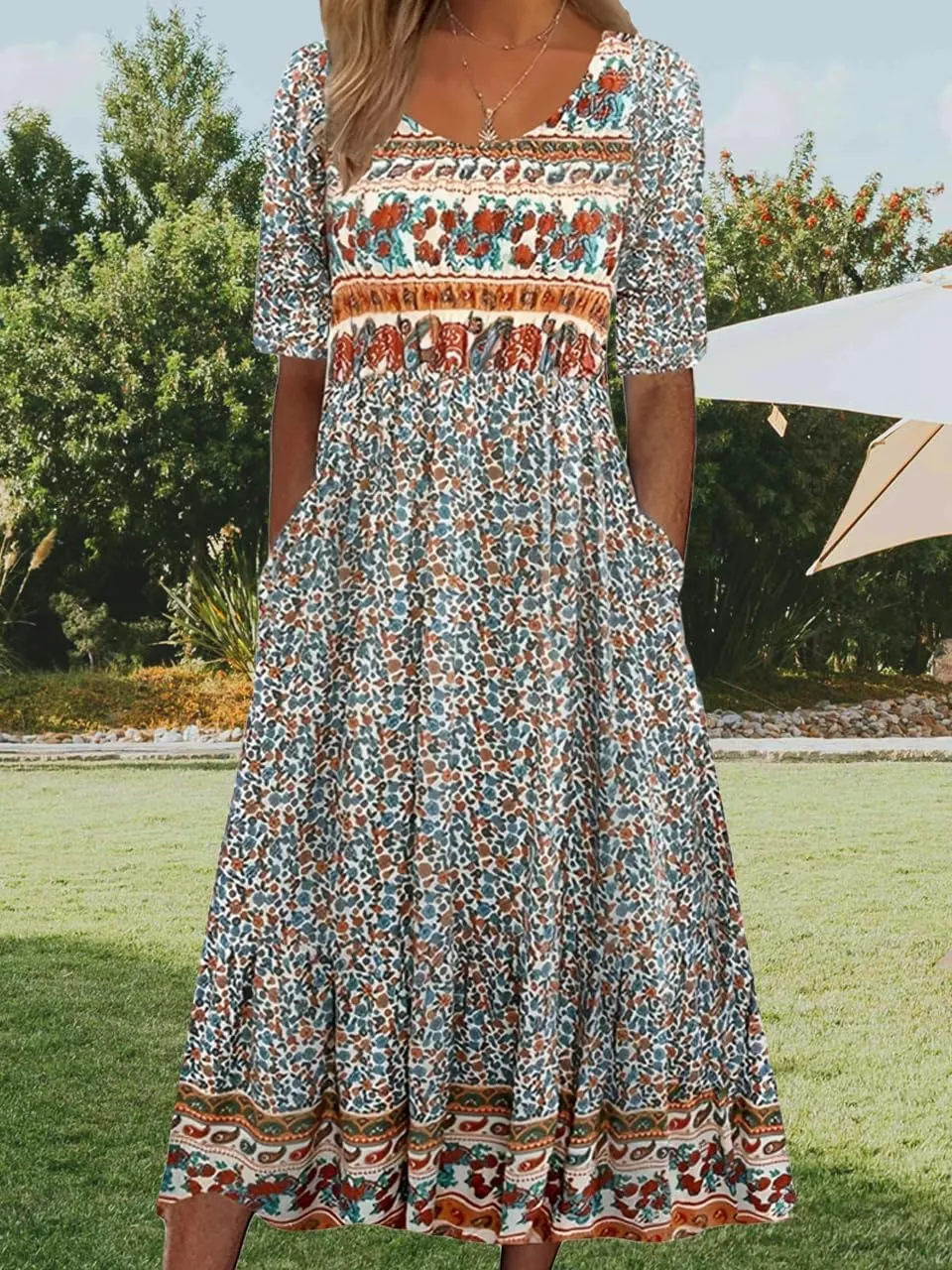 Geleglaer Women's Boho Floral Maxi Dress Summer Casual Crew Neck Short Sleeve Dress Flowy Bohemian Tshirt Dress with Pockets