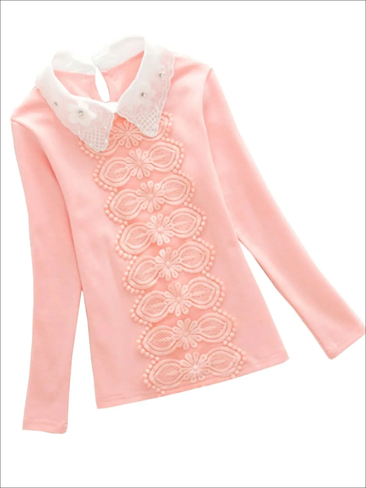 Girls Preppy Floral Lace Applique Long Sleeve Top