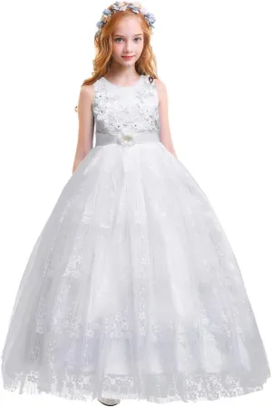 Girls Princess Tulle Lace Flower Pageant Dress Puffy Floor Length Wedding Bridesmaid Dress Party Tutu Maxi Gown