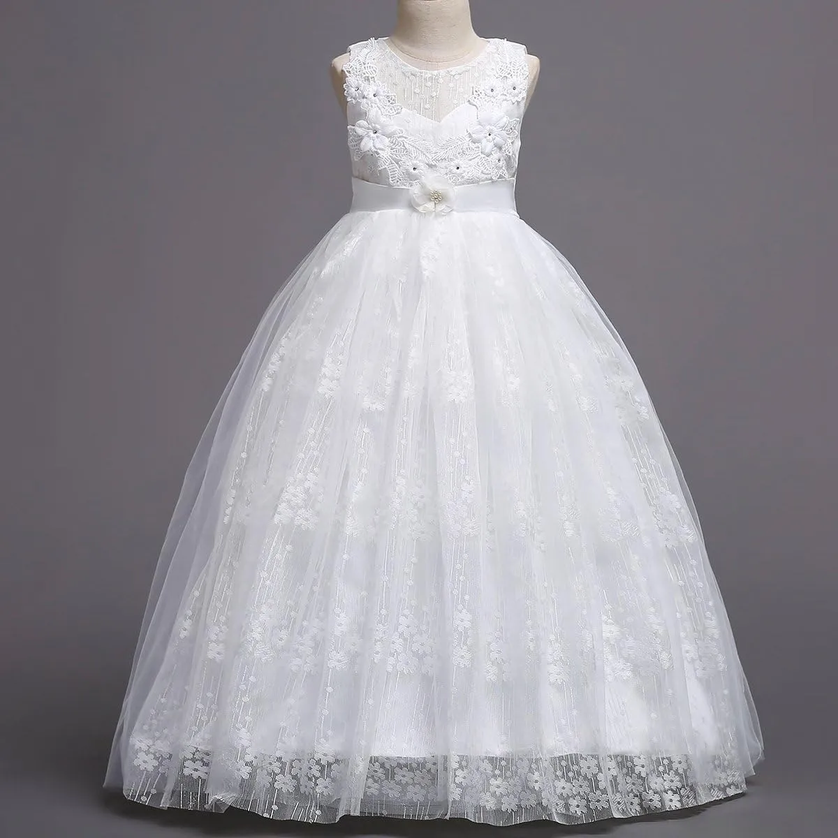 Girls Princess Tulle Lace Flower Pageant Dress Puffy Floor Length Wedding Bridesmaid Dress Party Tutu Maxi Gown