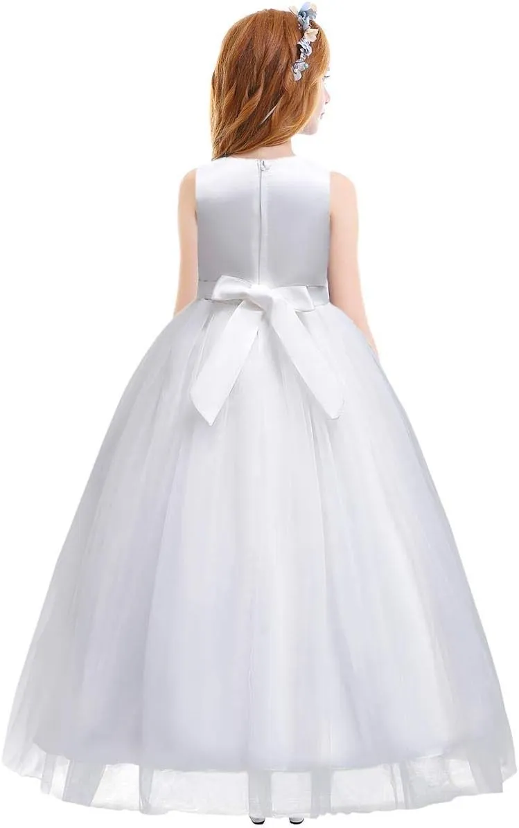 Girls Princess Tulle Lace Flower Pageant Dress Puffy Floor Length Wedding Bridesmaid Dress Party Tutu Maxi Gown