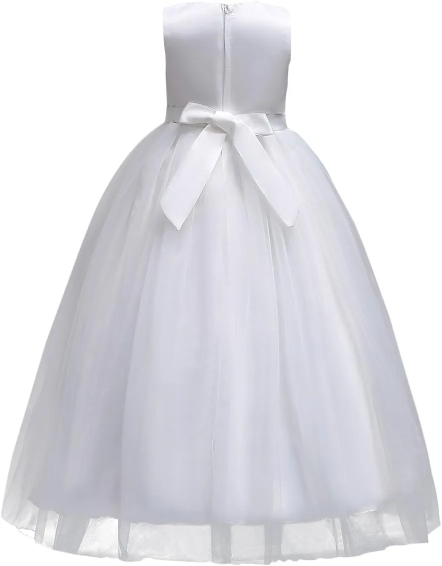 Girls Princess Tulle Lace Flower Pageant Dress Puffy Floor Length Wedding Bridesmaid Dress Party Tutu Maxi Gown