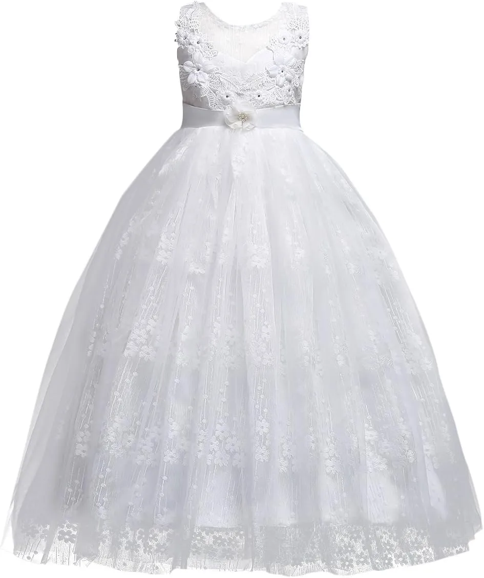 Girls Princess Tulle Lace Flower Pageant Dress Puffy Floor Length Wedding Bridesmaid Dress Party Tutu Maxi Gown