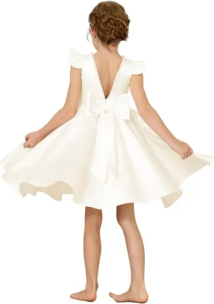 Girl's Short Sleeve Glossy Satin O-Neck Flower Girls Dresses V-Back Toddlers Tutu Dance Pageant Party Mini Dress