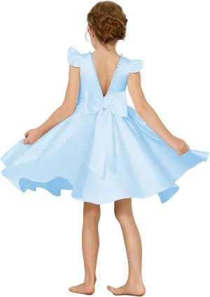 Girl's Short Sleeve Glossy Satin O-Neck Flower Girls Dresses V-Back Toddlers Tutu Dance Pageant Party Mini Dress
