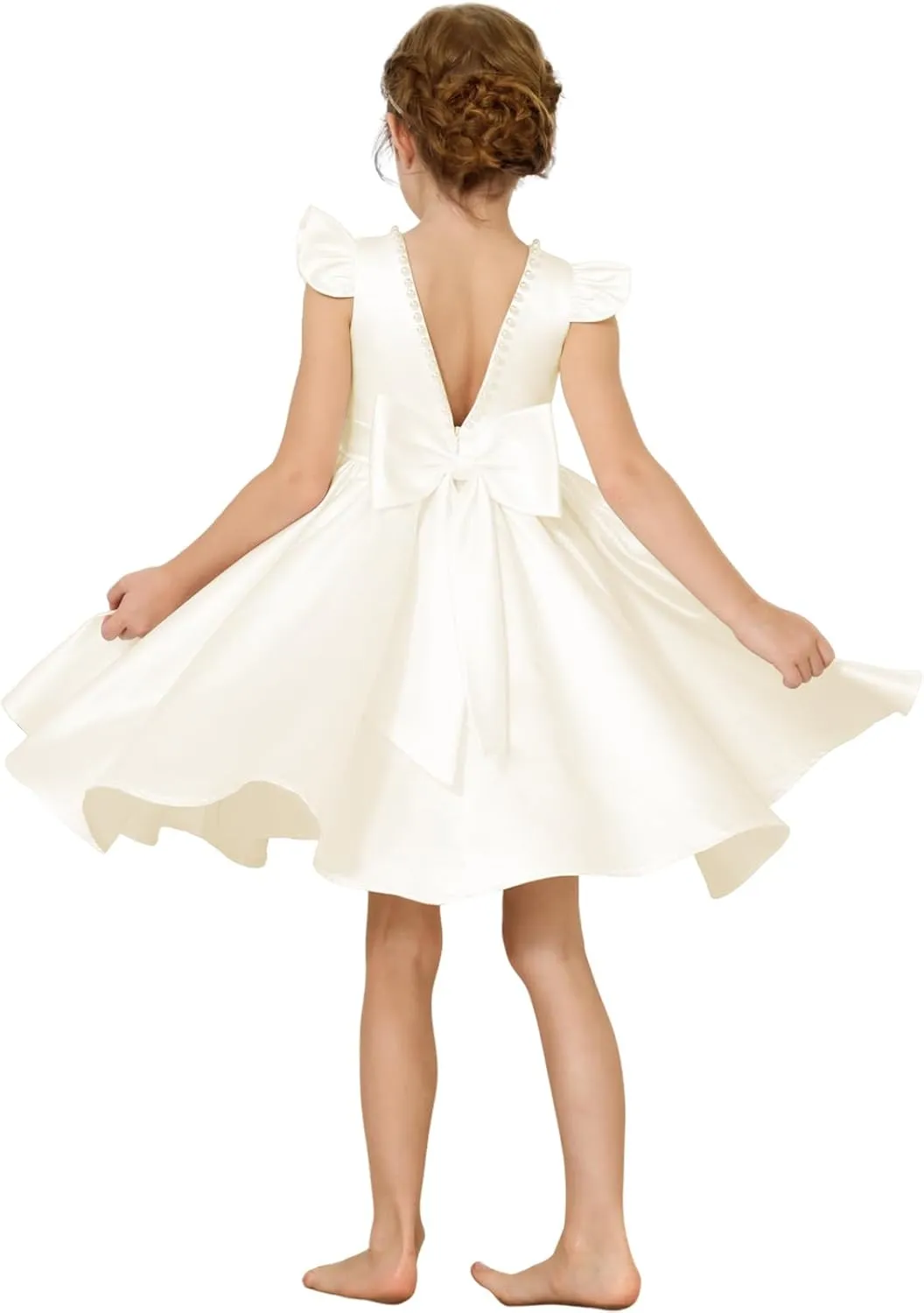 Girl's Short Sleeve Glossy Satin O-Neck Flower Girls Dresses V-Back Toddlers Tutu Dance Pageant Party Mini Dress