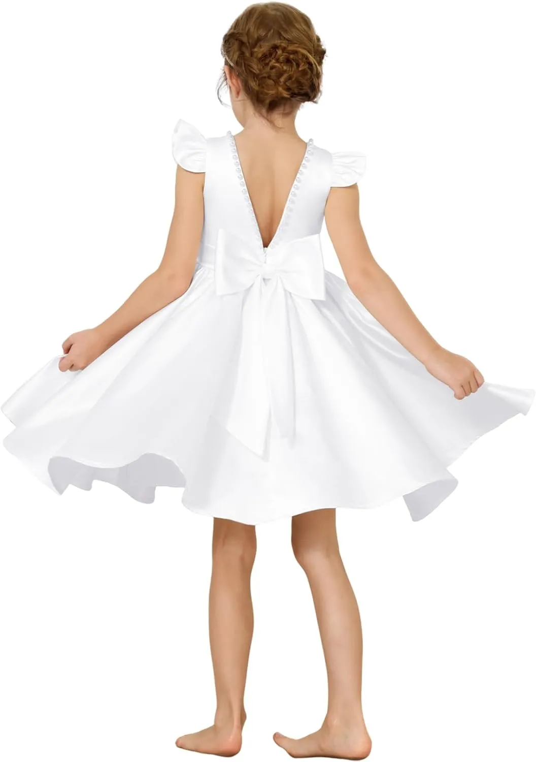 Girl's Short Sleeve Glossy Satin O-Neck Flower Girls Dresses V-Back Toddlers Tutu Dance Pageant Party Mini Dress