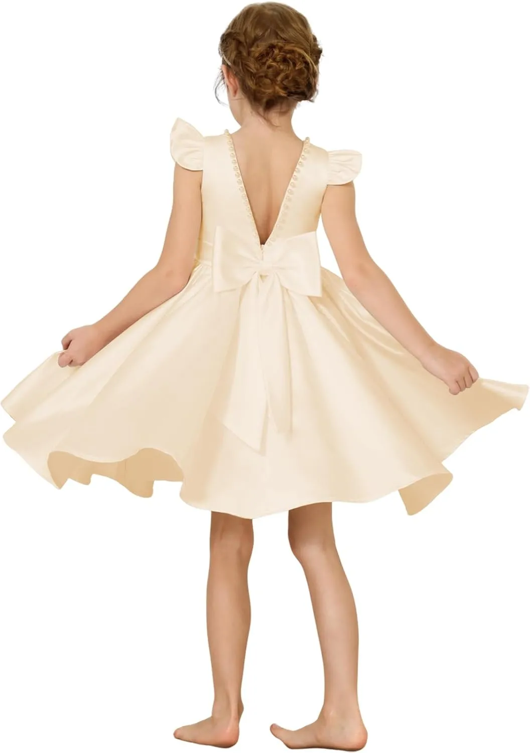 Girl's Short Sleeve Glossy Satin O-Neck Flower Girls Dresses V-Back Toddlers Tutu Dance Pageant Party Mini Dress