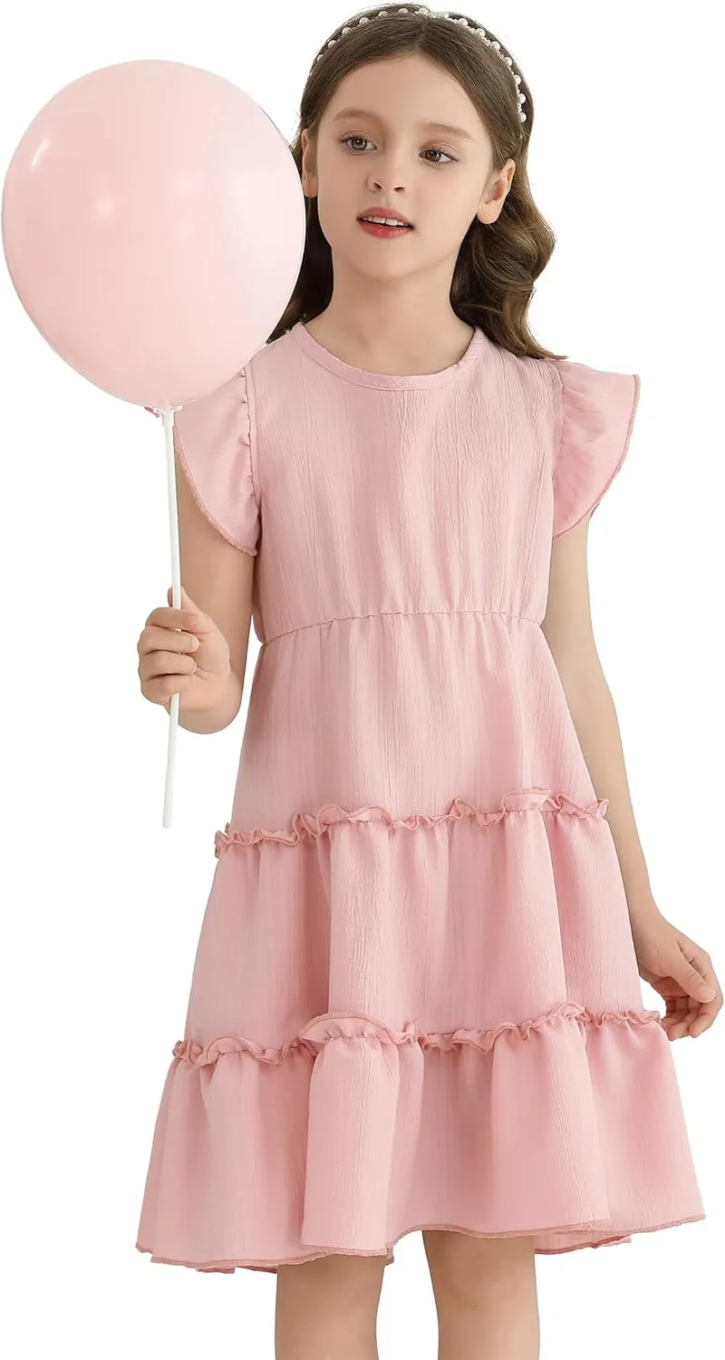 Girls Summer Dresses Tiered Crinkle Flowy Ruffle Sleeve A-Line Swing Backless Bow Lace-up Dress Size 4-12 Years