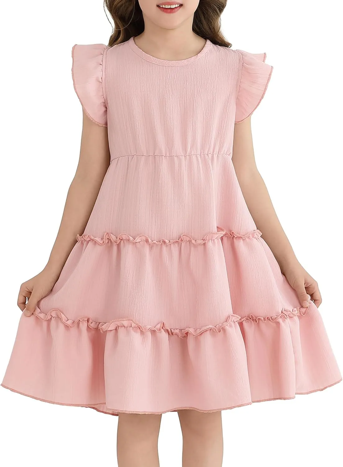 Girls Summer Dresses Tiered Crinkle Flowy Ruffle Sleeve A-Line Swing Backless Bow Lace-up Dress Size 4-12 Years