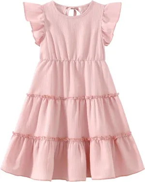 Girls Summer Dresses Tiered Crinkle Flowy Ruffle Sleeve A-Line Swing Backless Bow Lace-up Dress Size 4-12 Years