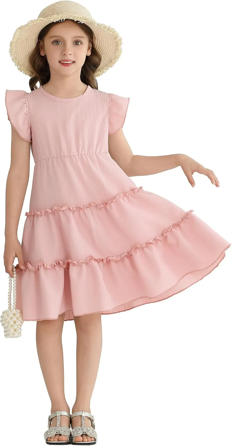 Girls Summer Dresses Tiered Crinkle Flowy Ruffle Sleeve A-Line Swing Backless Bow Lace-up Dress Size 4-12 Years