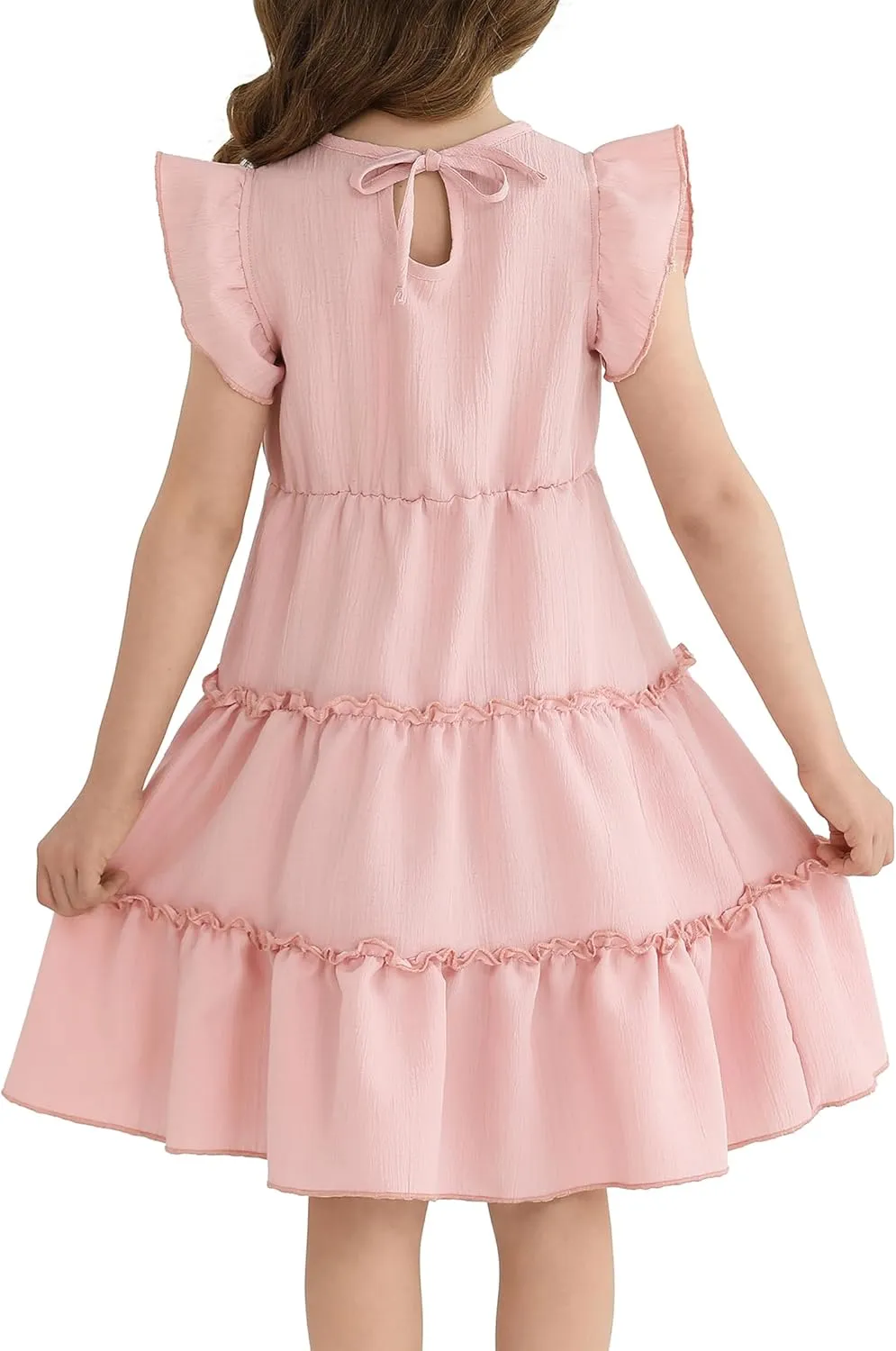 Girls Summer Dresses Tiered Crinkle Flowy Ruffle Sleeve A-Line Swing Backless Bow Lace-up Dress Size 4-12 Years