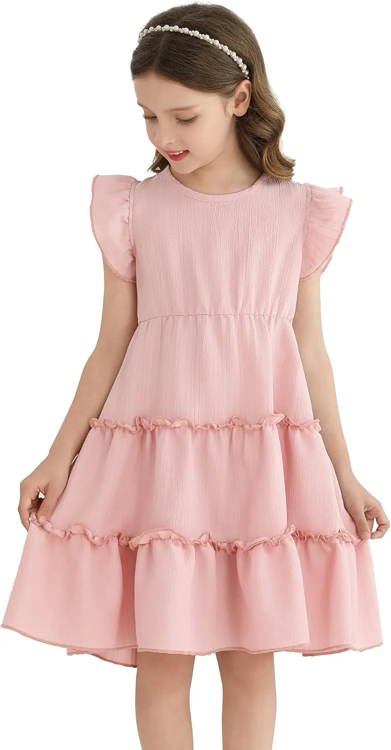 Girls Summer Dresses Tiered Crinkle Flowy Ruffle Sleeve A-Line Swing Backless Bow Lace-up Dress Size 4-12 Years