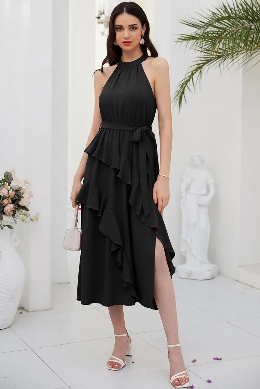 GRACE KARIN Women's 2024 Summer Sleeveless Halter Neck Ruffle Hem Split Flowy Swing Long Midi Dress with Belt