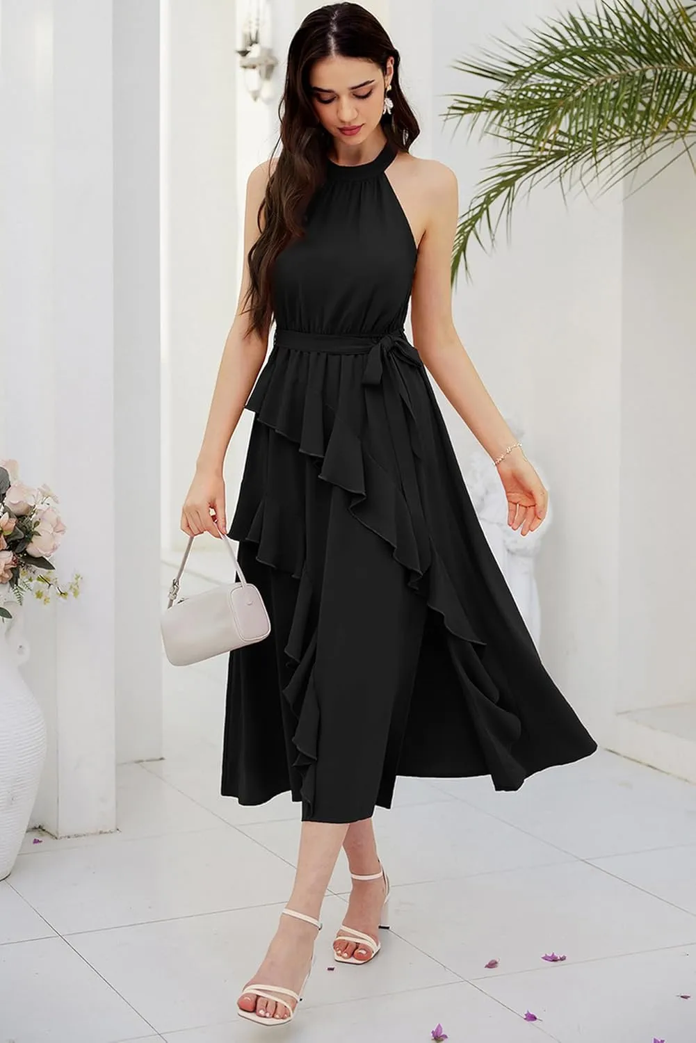 GRACE KARIN Women's 2024 Summer Sleeveless Halter Neck Ruffle Hem Split Flowy Swing Long Midi Dress with Belt