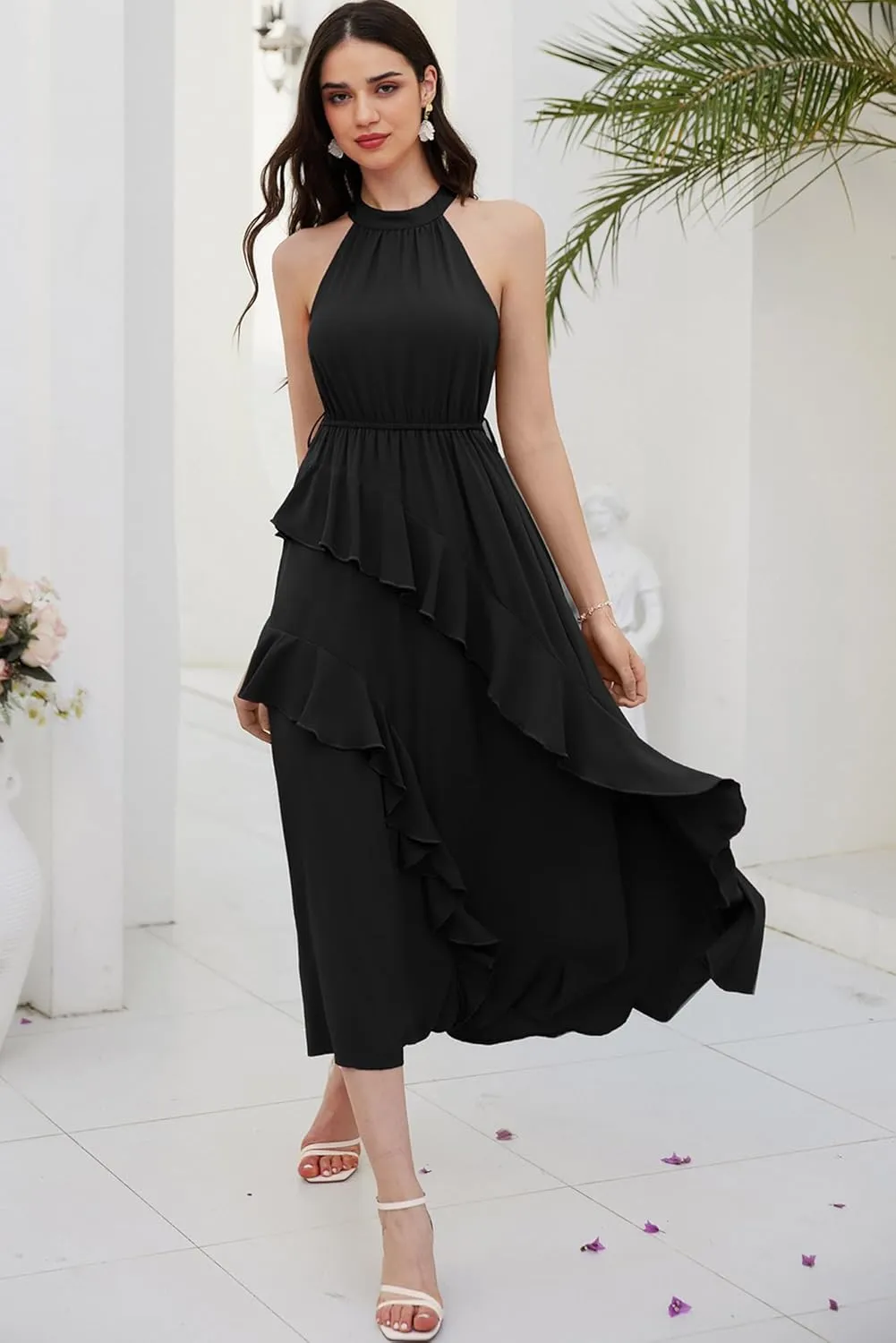 GRACE KARIN Women's 2024 Summer Sleeveless Halter Neck Ruffle Hem Split Flowy Swing Long Midi Dress with Belt