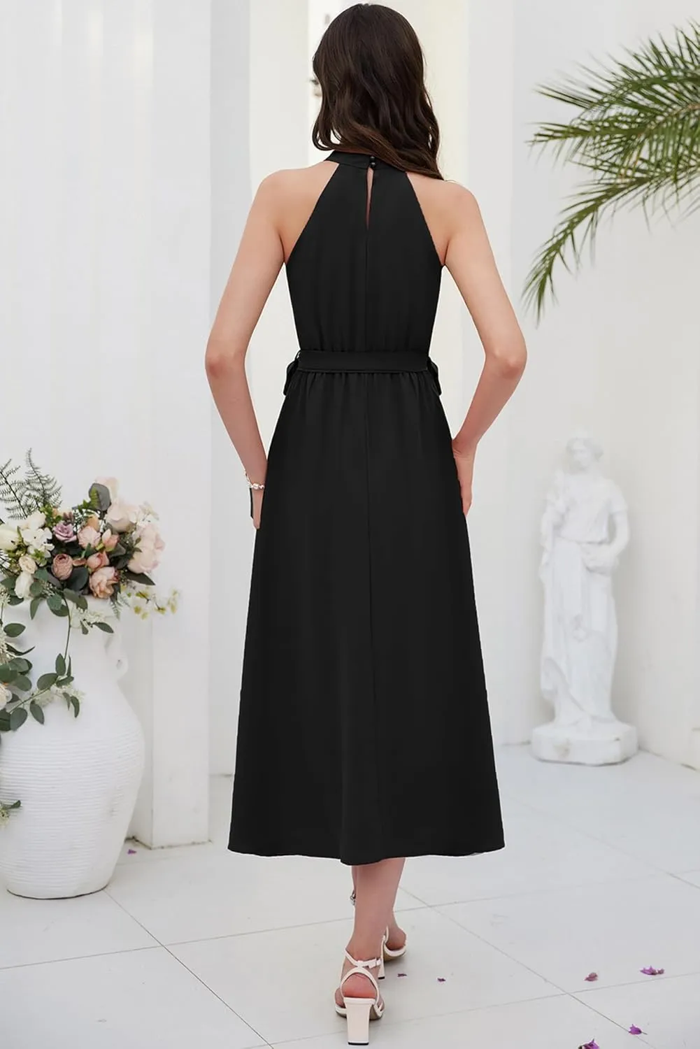 GRACE KARIN Women's 2024 Summer Sleeveless Halter Neck Ruffle Hem Split Flowy Swing Long Midi Dress with Belt