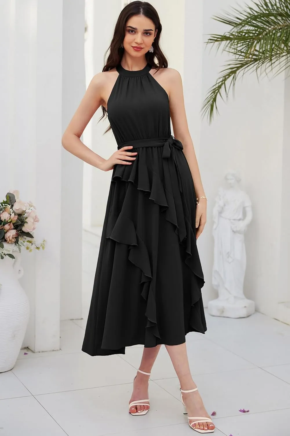 GRACE KARIN Women's 2024 Summer Sleeveless Halter Neck Ruffle Hem Split Flowy Swing Long Midi Dress with Belt