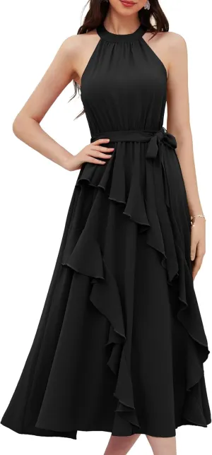 GRACE KARIN Women's 2024 Summer Sleeveless Halter Neck Ruffle Hem Split Flowy Swing Long Midi Dress with Belt