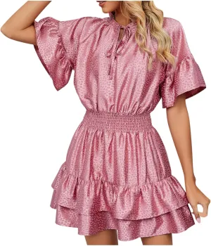 HGps8w Women Cute Summer Satin Dresses Lace-up V Neck Short Sleeve High Waist Ruffle Tiered A Line Swing Tunic Mini Dress