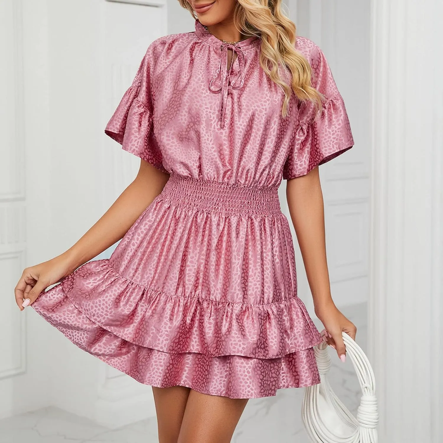 HGps8w Women Cute Summer Satin Dresses Lace-up V Neck Short Sleeve High Waist Ruffle Tiered A Line Swing Tunic Mini Dress