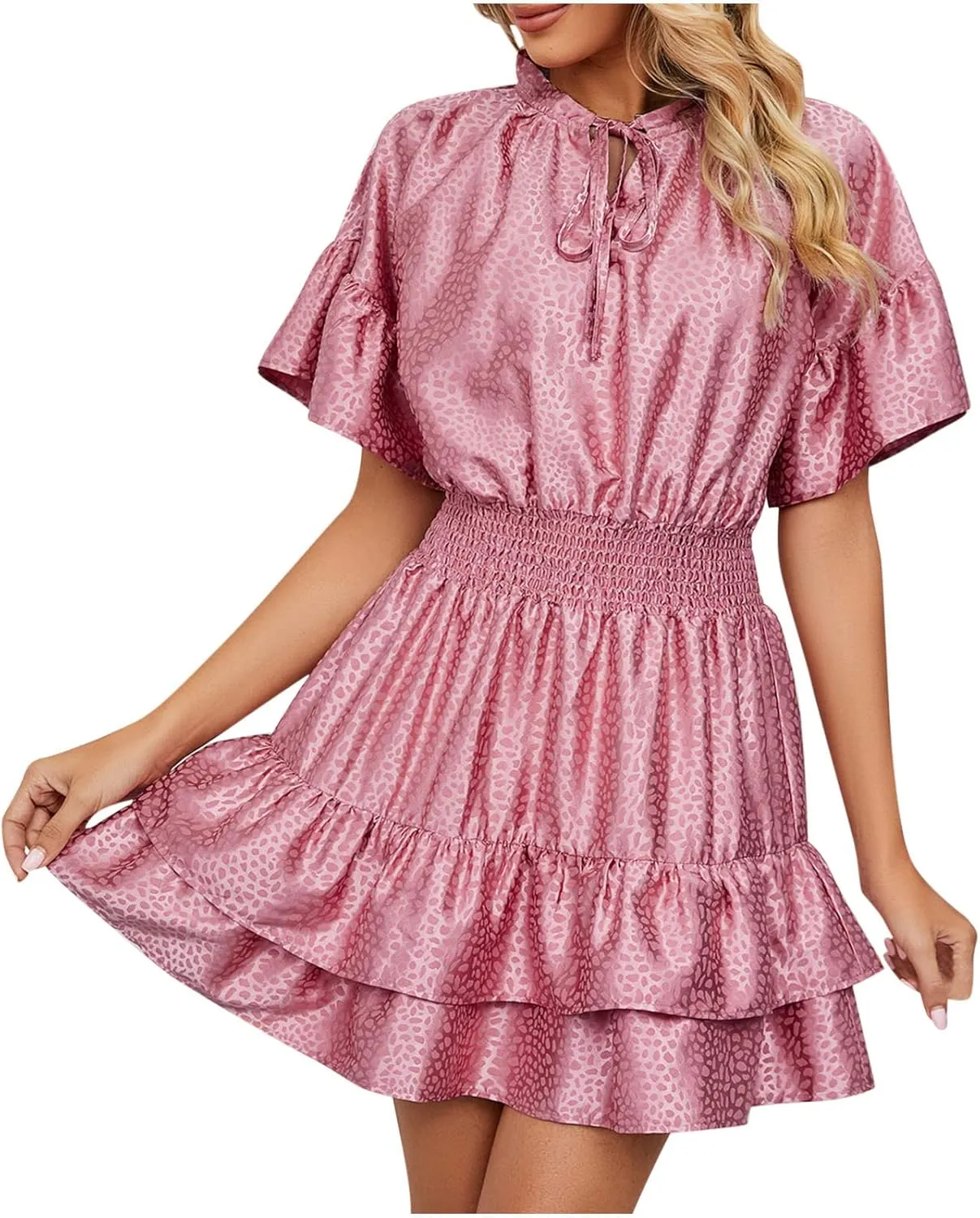 HGps8w Women Cute Summer Satin Dresses Lace-up V Neck Short Sleeve High Waist Ruffle Tiered A Line Swing Tunic Mini Dress