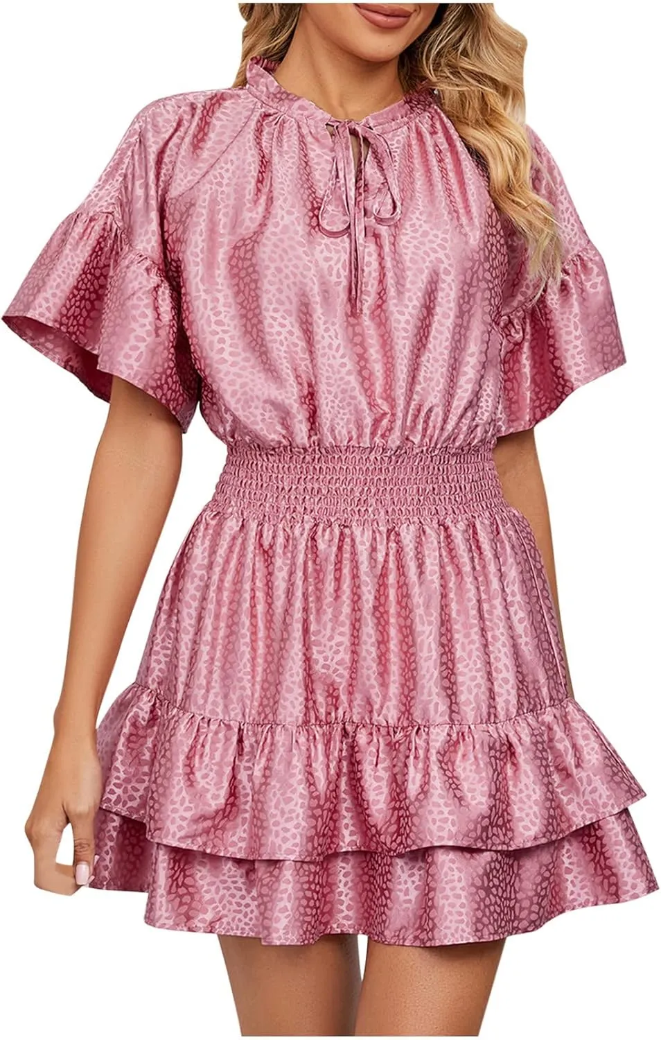 HGps8w Women Cute Summer Satin Dresses Lace-up V Neck Short Sleeve High Waist Ruffle Tiered A Line Swing Tunic Mini Dress