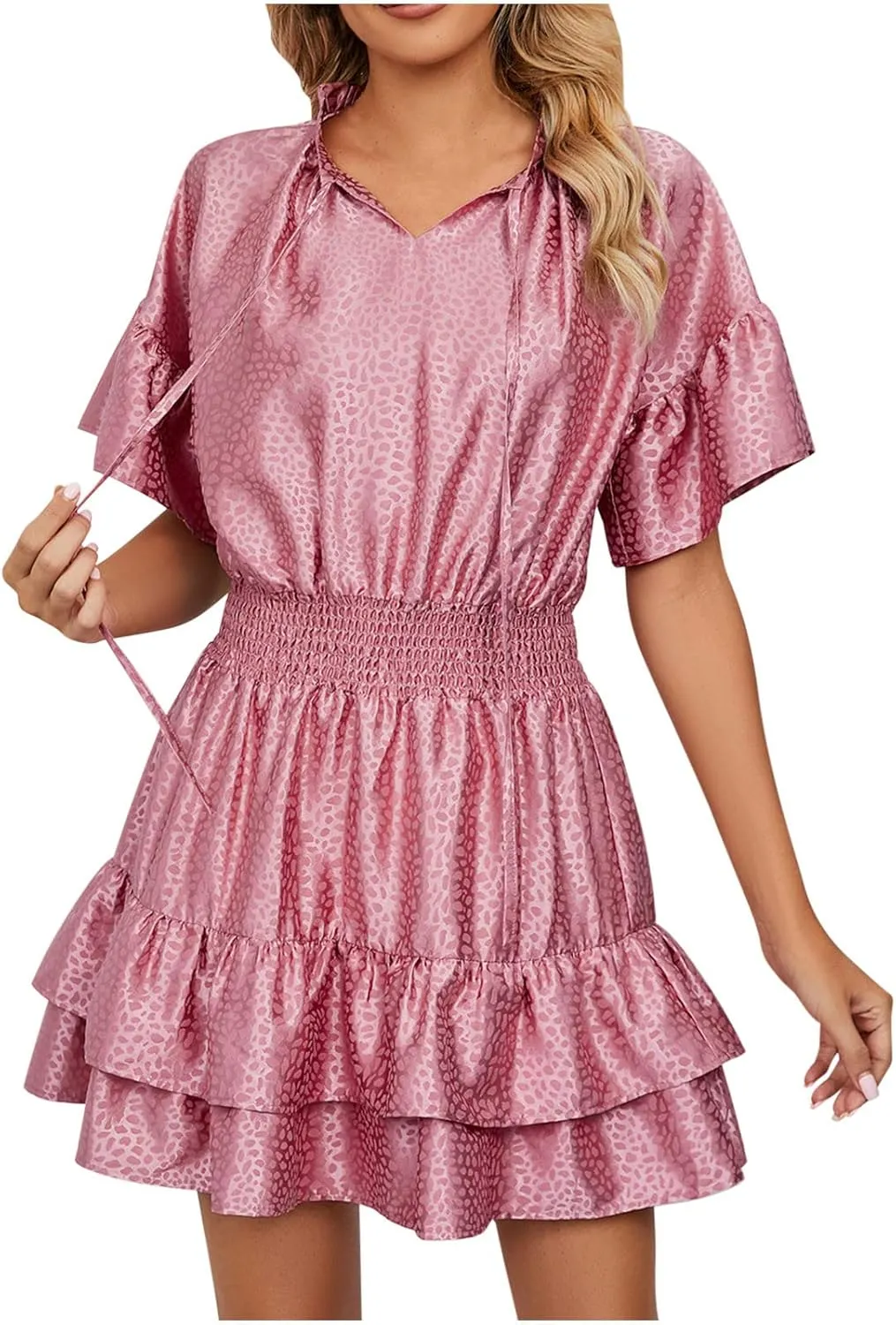 HGps8w Women Cute Summer Satin Dresses Lace-up V Neck Short Sleeve High Waist Ruffle Tiered A Line Swing Tunic Mini Dress
