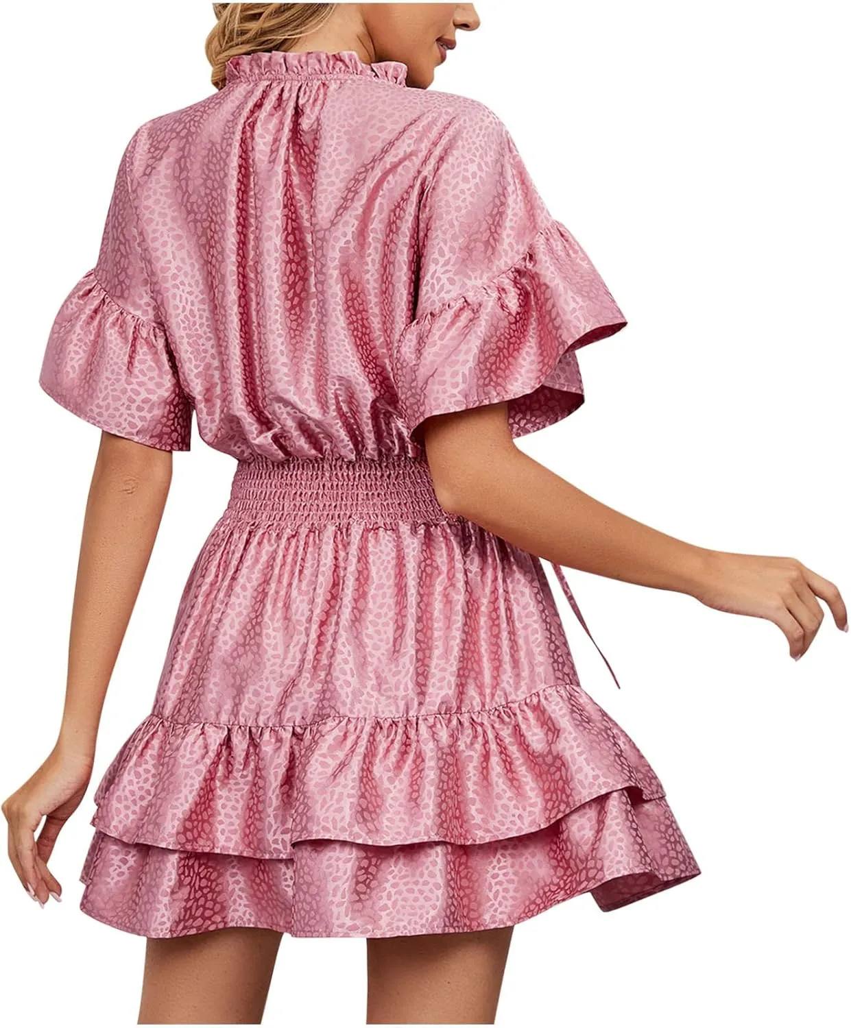 HGps8w Women Cute Summer Satin Dresses Lace-up V Neck Short Sleeve High Waist Ruffle Tiered A Line Swing Tunic Mini Dress